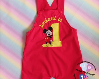 Mickey Mouse Themed Shortalls for Birthday Cake Smash Photoshoots & Parties. Fantastic Handmade Short Leg Dungaree-style Romper Outfit
