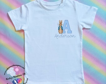 Peter Rabbit Personalised T-Shirt Initial Embroidered White Crew Neck Tee ideal for Birthdays & Everyday Wear Easter Shirt 3m-10y
