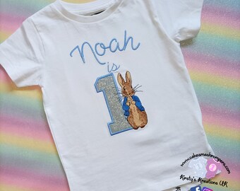 Peter Rabbit Birthday T-Shirt Embroidered Shirt with Birthday Number 1st/2nd/3rd/4th Birthday Personalised Birthday Shirt Cake Smash UK prop