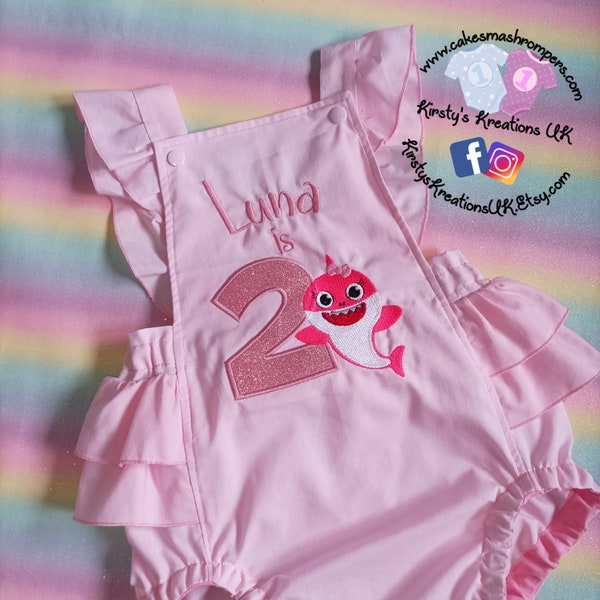 Girls Baby Shark Handmade Frill Cake Smash Romper Outfit for 1st Birthday Photo Prop Outfit Bordado y Personalizado Perfecto para Fotos Reino Unido