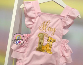 Little Girls Lion King Queen Nala Cake Smash Romper Outfit. Pink Handmade Frill Romper with Gold Detailing Embroidery Personalised Monogram