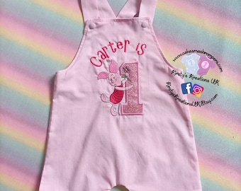 Pink Piglet Birthday Shortall JonJon Romper Handmade Blue Short Dungaree Style Embroidered Outfit Ideal For 1st Birthdays Pooh Bear
