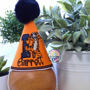 Tigger Party Hat Winnie the Pooh Personalised Birthday Party Hat - Orange and Black Birthday Milestone Marker Birthday Bounce Photo Prop