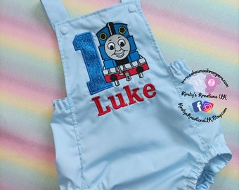 Thomas Tank Train Engine First Birthday Baby Boy Cake Smash Romper Outfit Baby Blue Train Boy 1st Birthday Romper Photo prop Personalised