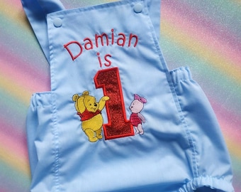Disney Cuties Winnie the Pooh & Piglet Blue 1st Birthday Outfit - Handmade Personalised Cake Smash Romper perfect for parties and photos