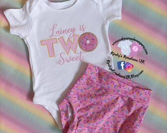 Two Sweet Sprinkle Bummies 2nd Birthday Cake Smash Outfit Photo Prop Bloomer Outfit Donut Grow Up Sweet One Two Sweet First Second Baby Bday