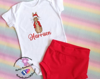 Ist Christmas Peter Rabbit inspired Personalised Baby Bummie Bodysuit and Socks set - Jersey Bummie Pant Embroidered Sock Cotton Bodysuit