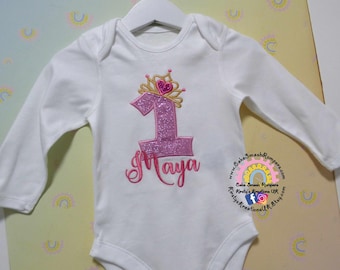 Little Girls First Birthday Bodysuit Outfit Princess Glitter Number and Crown Cotton Vest Top Personalised Monogrammed Embroidery Design