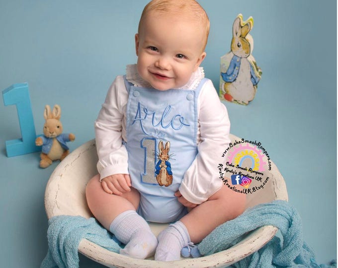 Featured listing image: Peter Rabbit 1st Birthday Romper: Embroidered Cake Smash Outfit