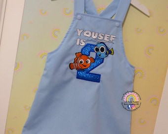 Nemo Dory Themed Shortalls for Birthday Cake Smash Photoshoots & Parties. Fantastic Handmade Short Leg Dungaree-style Romper Outfit