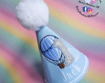 Up up and away 1st Birthday Party Hat - Blue & Silver 1st Birthday Outfit Hat Marker Birthday Hat Photo Prop Hot Air Balloon Birthday