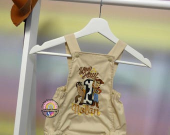Woody's Round Up Toy Story Cake Smash Romper Outfit Woody And Bullseye 1st Birthday Handmade Personalised Embroidered Baby Birthday Outfit