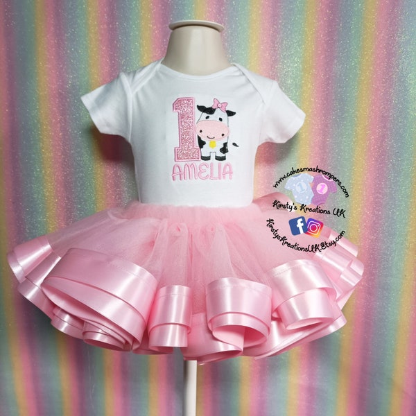 Baby Girl Birthday Tutu Moo Cow Themed Farm Birthday Outfit. Baby Pink Tutu 1st Birthday. Girls 2nd Birthday Outfit. Ribbon Tutu Glitter