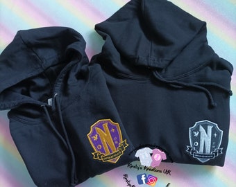 Embroidered Nevermore Inspired Wednesday Addams Spirit Hoodie - Unisex Fit Hoodie with Nevermore Academy School Crest Design