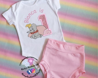 Pink Dumbo Baby Girl 1st Birthday Cake Smash Outfit Party Photo Prop Vest Top and Bloomer Bummie Pants Personalised Embroidered Baby Outfit