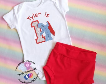 Iggle Piggle Themed Babies First Birthday Outfit Handmade Soft Cotton Jersey Baby Birthday Cake Smash Set Personalised 1st Outfit 9m 12m 18m
