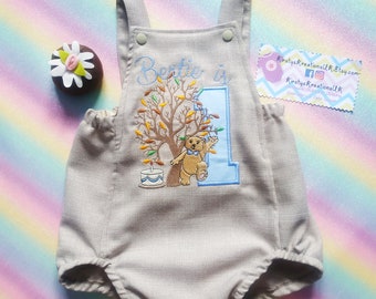 Teddy Bears Picnic Themed 1st Birthday Cake Smash Outfit - ideal for photoshoots with an Autumn Theme - Linen Look Luxury Birthday Romper