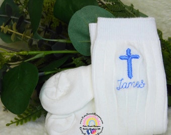 Baby Boy Christening Socks - Cotton Rich Embroidered Knee High Sock with Child's Name Monogram Date Cross Baptism Gift Blue Silver Gold