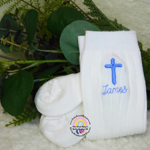 Baby Boy Christening Socks - Cotton Rich Embroidered Knee High Sock with Child's Name Monogram Date Cross Baptism Gift Blue Silver Gold