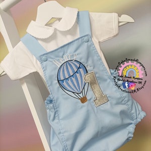 Up up and Away-Hot Air Balloon First Birthday Cake Smash Romper - Traje hecho a mano ideal para fiestas de primer cumpleaños y sesiones de fotos de Cake Smash.