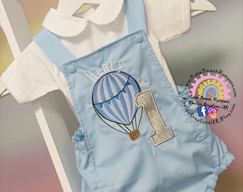 Up up and Away-Hot Air Balloon First Birthday Cake Smash Romper - Handmade Outfit Ideal for 1st Birthday Parties and Cake Smash Photoshoots.