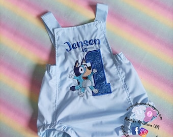 Bluey Dog 1st Birthday Outfit - Cake Smash Romper. Handmade, personalised, embroidered photoshoot party first birthday romper boys