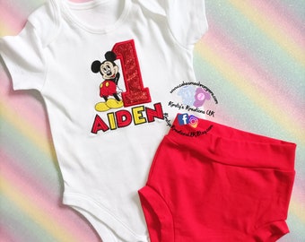 Boys Birthday Mickey Mouse Bummie Cake Smash Set - Handmade Cake Smash Photo Prop First Birthday Outfit Boys 1st/2nd Birthday
