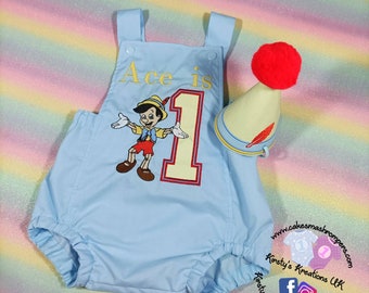 Pinocchio Themed Birthday Party Hat - Any Age Birthday Milestone Marker Birthday Hat Photo Prop - Matching Romper and Hat option