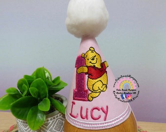 Little Girls Pink Winnie the Pooh Personalised Embroidered Birthday Party Hat - Milestone Marker Party Photo Prop 1st 2nd 3rd Personalized