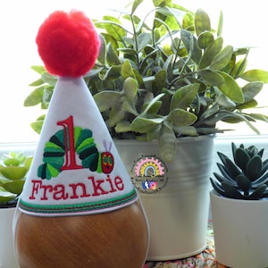 Hungry Caterpillar Birthday Party Hat - 1st Birthday Milestone Marker Birthday Hat Photo Prop - Matching Romper and Hat option