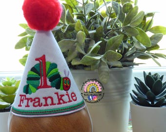 Hungry Caterpillar Birthday Party Hat - 1st Birthday Milestone Marker Birthday Hat Photo Prop - Matching Romper and Hat option
