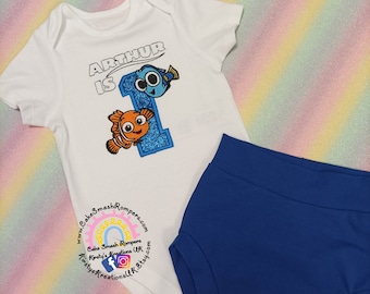 Nemo & Dory Themed Babies First Birthday Outfit Handmade Soft Cotton Jersey Baby Birthday Cake Smash Set Personalised Ohfishally One Outfit