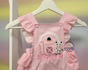 Pink Barn & Cow Cake Smash Romper Girls Pink Moo Cow Barnyard Farm Themed Birthday Outfit Frilled Romper with Embroidered Cow Motif 2nd 1st