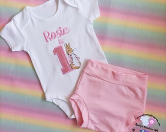 Baby Girl Pink Flopsy Rabbit Bummie Cake Smash Set - Handmade Cake Smash Photo Prop First Birthday Outfit Girls 1st/2nd Birthday Jersey