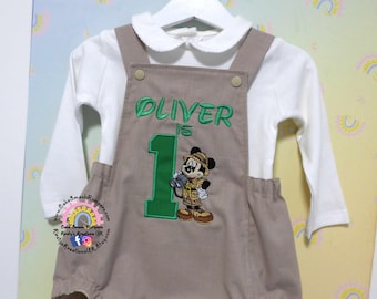 Mickey Mouse Safari Explorer Wild One Two Handmade Luxury Linen Cotton Birthday Outfit Cake Smash Romper Sunsuit Boys Photoshoot