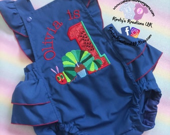 Hungry Caterpillar Themed Babies First Birthday Cake Smash Photoshoot Romper. Handmade personalised outfit for parties and photoshoots.