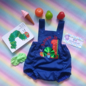 Hungry Caterpillar Themed Babies First Birthday Cake Smash Photoshoot Romper. Handmade personalised outfit for parties and photoshoots.