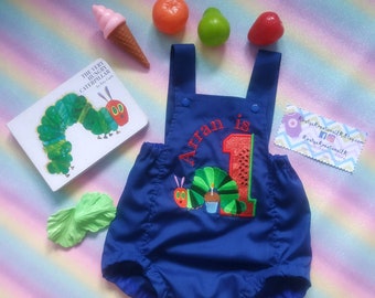 Hungry Caterpillar Themed Babies First Birthday Cake Smash Photoshoot Romper. Handmade personalised outfit for parties and photoshoots.