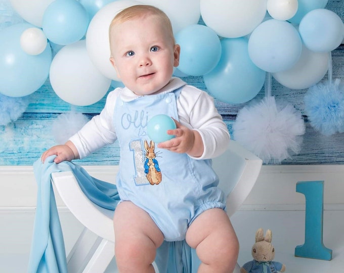 Featured listing image: Peter Rabbit Romper 1st Birthday Cake Smash Romper Baby Boy Birthday Photo Prop Party Outfit Handmade Personalised Outfit Party Hat Kids UK