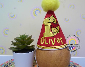 Winnie the Pooh Personalised Birthday Party Hat - Red 1st Birthday Milestone Marker Birthday Hat Photo Prop