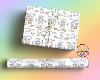 Luxury Gift Wrap - Vintage Style Horse Carousel Design Happy Birthday Boy Vintage Romany Style Gift Wrapping Paper Blue Horses Baby Name