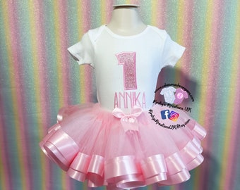 Girls Birthday T-shirt Bodysuit Tutu Set 1st 2nd 3rd 4th Birthday Tutu & Pink Glitter Shirt Soft Baby Pink Double Ribbon Fluffy Tutu Outfit