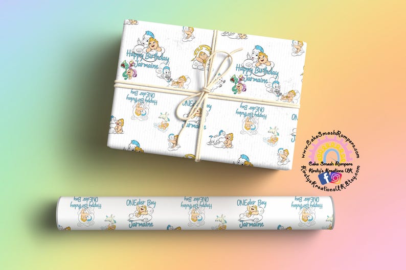 May include: White gift wrap and a roll of wrapping paper featuring a repeating pattern of cartoon characters and the text "Happy Birthday Jermaine" in blue. The gift is tied with twine.