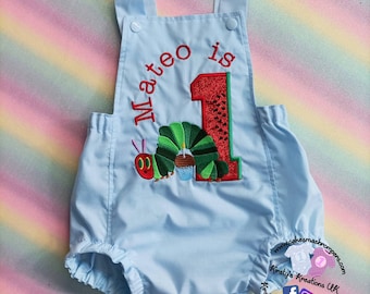 Hungry Caterpillar Themed Babies First Birthday Cake Smash Photoshoot Romper. Handmade personalised outfit for parties and photoshoots.