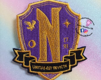 Deluxe Embroidered School Never More Wednesday Fan Art Iron on Sew On Badge for Clothes, Bags, Sweatshirts - Cosplay Addams Family Inspired