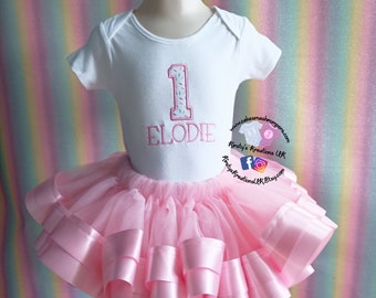 Baby Girls Sweet One First Birthday Sprinkle Tutu and Top Personalised Embroidered Bodysuit and Pink Ribbon Trim Tutu Set Ice Cream Sweetie