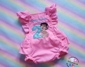 Luxury Moana 2nd Birthday Outfit - handmade personalised romper with glitter age and embroidered character. First Birthday Party Prop Outfit