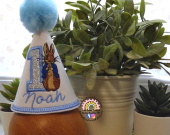 Peter Rabbit 1st Birthday Party Hat - White Silver & Blue First Birthday Milestone Marker Birthday Hat Photo Prop - Baby Boy Birthday