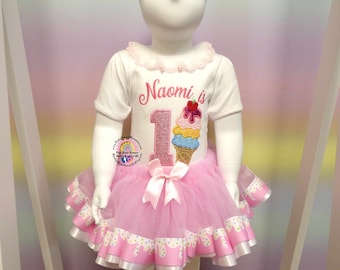 Luxury Little Girls Sweet One Ice Cream Glitter Tutu Personalised Handmade Tutu Pink Ribbon Trim Ruffle Neck Bodysuit Photo Prop Cake Smash