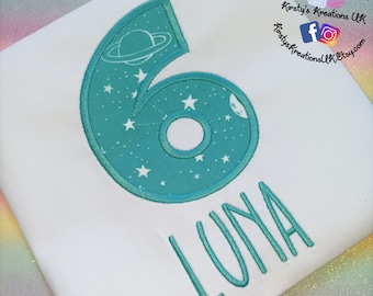 Space Themed Planets and Stars Birthday T-Shirt Embroidered Shirt with Birthday Number or Initial Personalised Birthday Shirt Smash UK prop